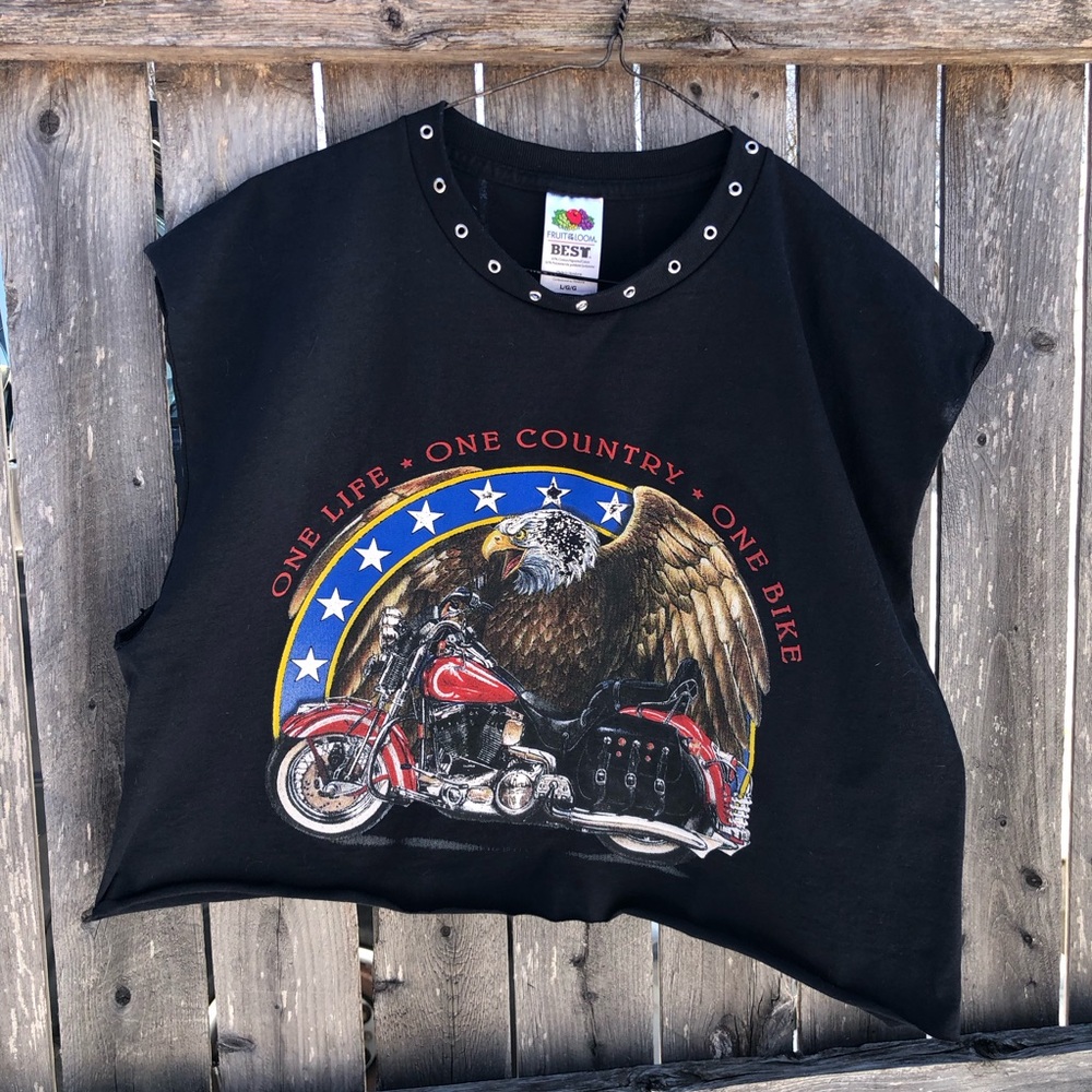 Black Upcycled biker eagle cropped muscle tank